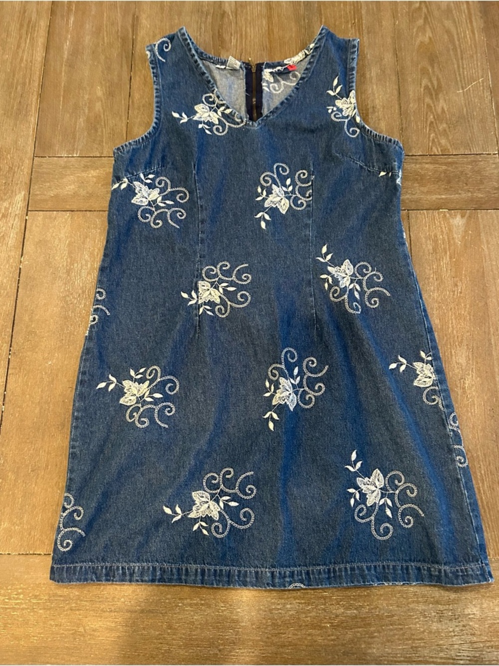 Vintage Y2K Denim Floral Embroidered Cottagecore Mini Dress L - Picture 2 of 4